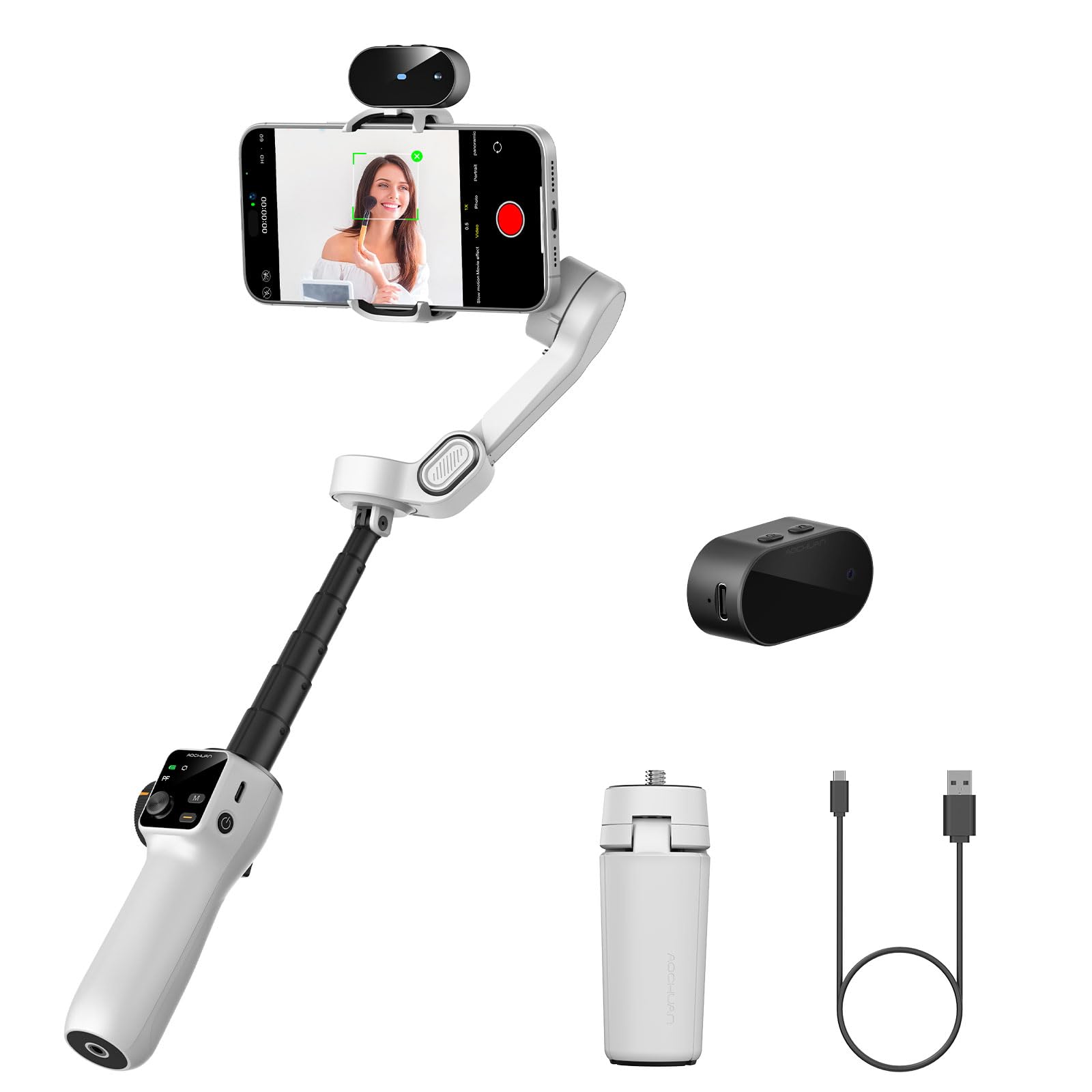 AOCHUAN 3-axis Gimbal Stabilizer for iPhone w/Built-in 7.8' Extension Rod, Smartphone Gimbal w/AI Tracking, Portable Phone Holder for iPhone & Android w/Full-Screen OLED Display, Smart V8(Black)