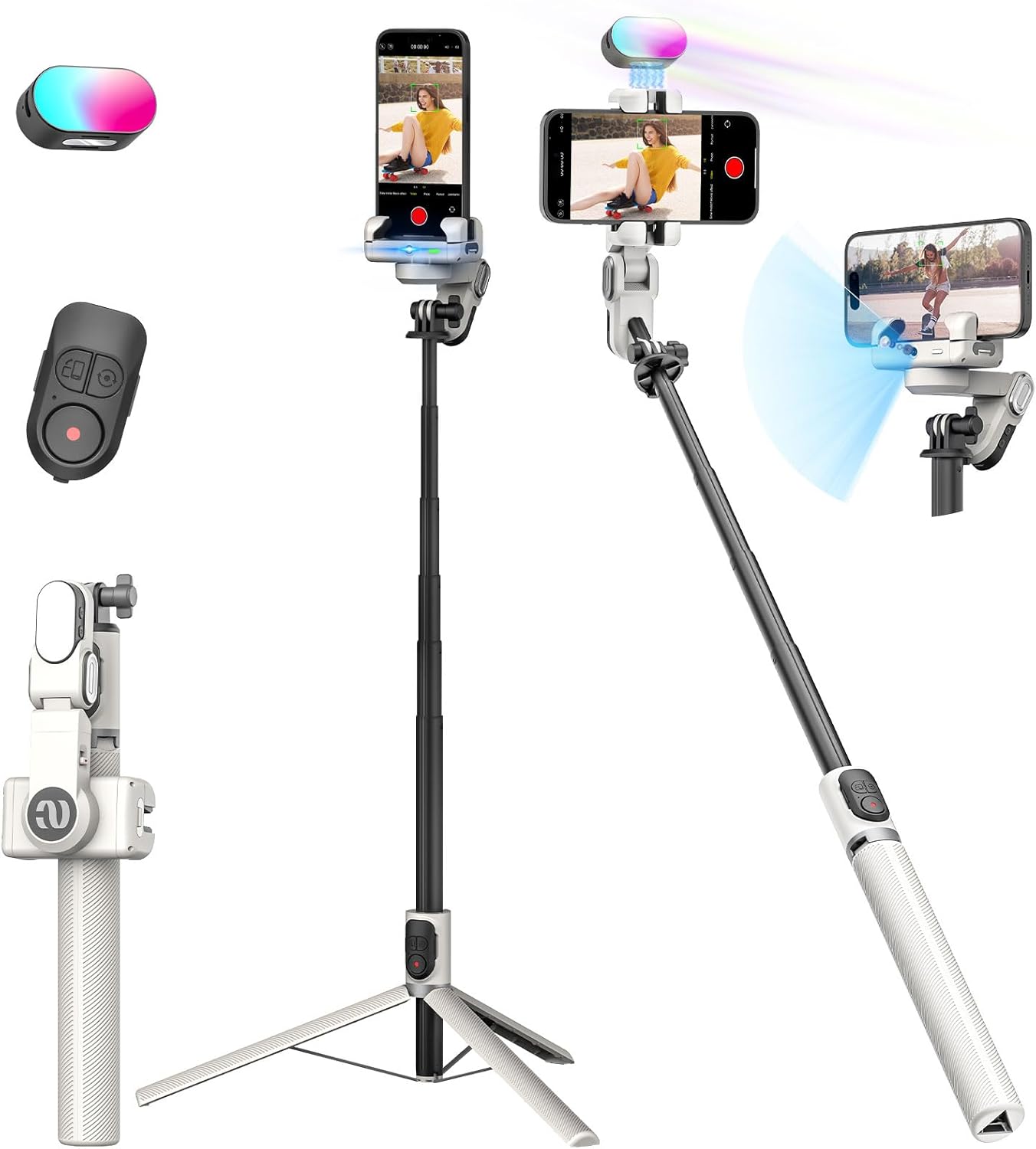 AOCHUAN Smartphone Gimbal Stabilizer, Smart Face Tracking Tripod Without APP - 4 in 1 Cellphone Gimbal Stabilizer for iPhone&Android Extended 108cm Rod with RGB Fill Light,M2PRO White