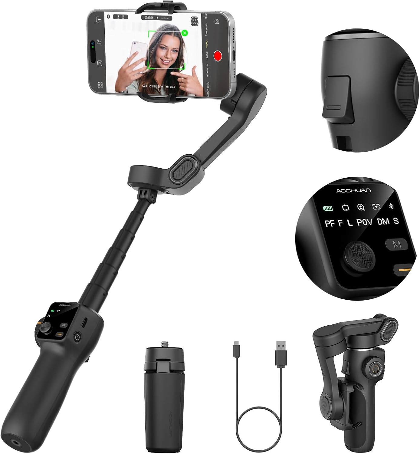 AOCHUAN 3-axis Gimbal Stabilizer for iPhone w/Built-in 7.8' Extension Rod, Smartphone Gimbal w/AI Tracking, Portable Phone Holder for iPhone & Android w/Full-Screen OLED Display, Smart V8(Black)