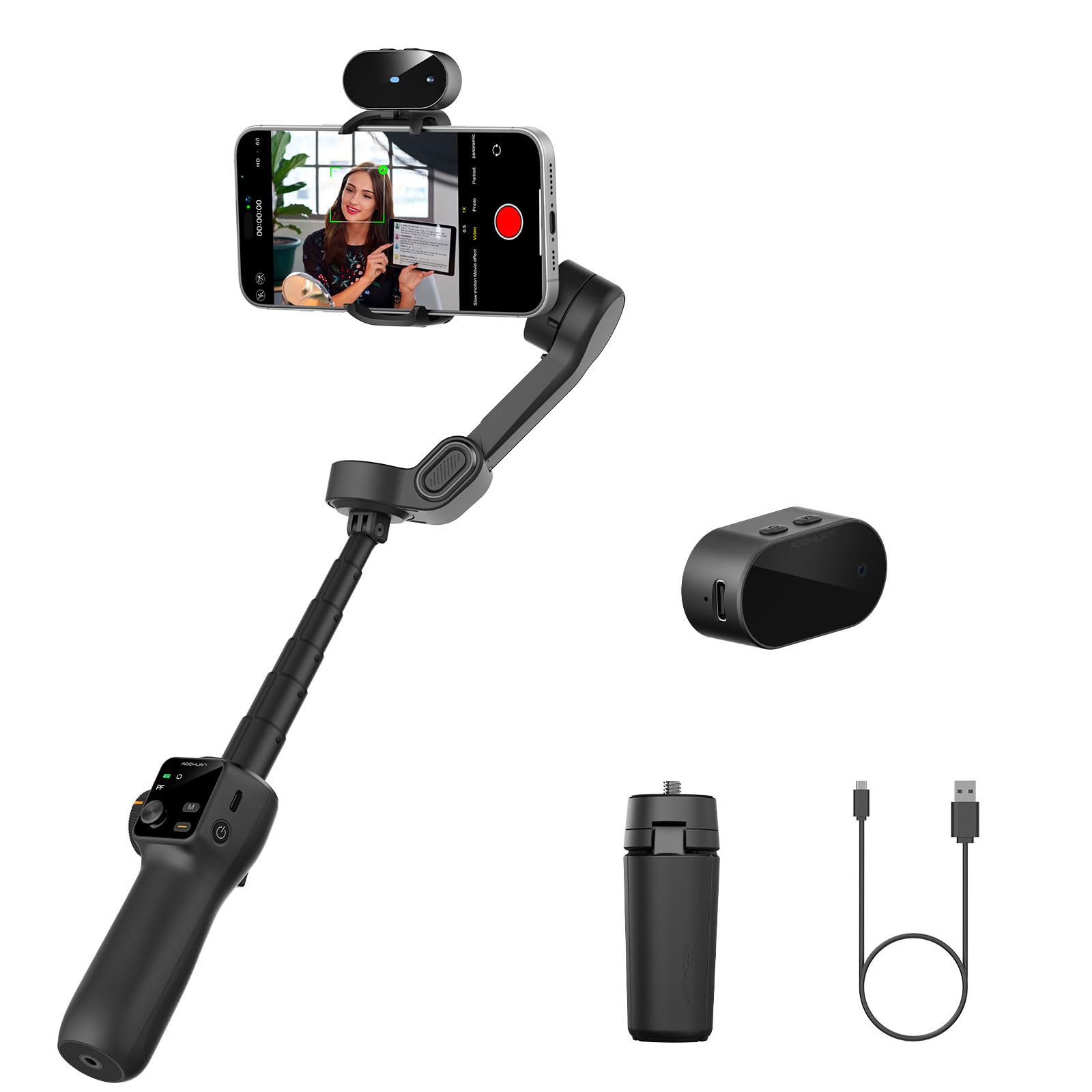 AOCHUAN 3-axis Gimbal Stabilizer for iPhone w/Built-in 7.8' Extension Rod, Smartphone Gimbal w/AI Tracking, Portable Phone Holder for iPhone & Android w/Full-Screen OLED Display, Smart V8(Black)