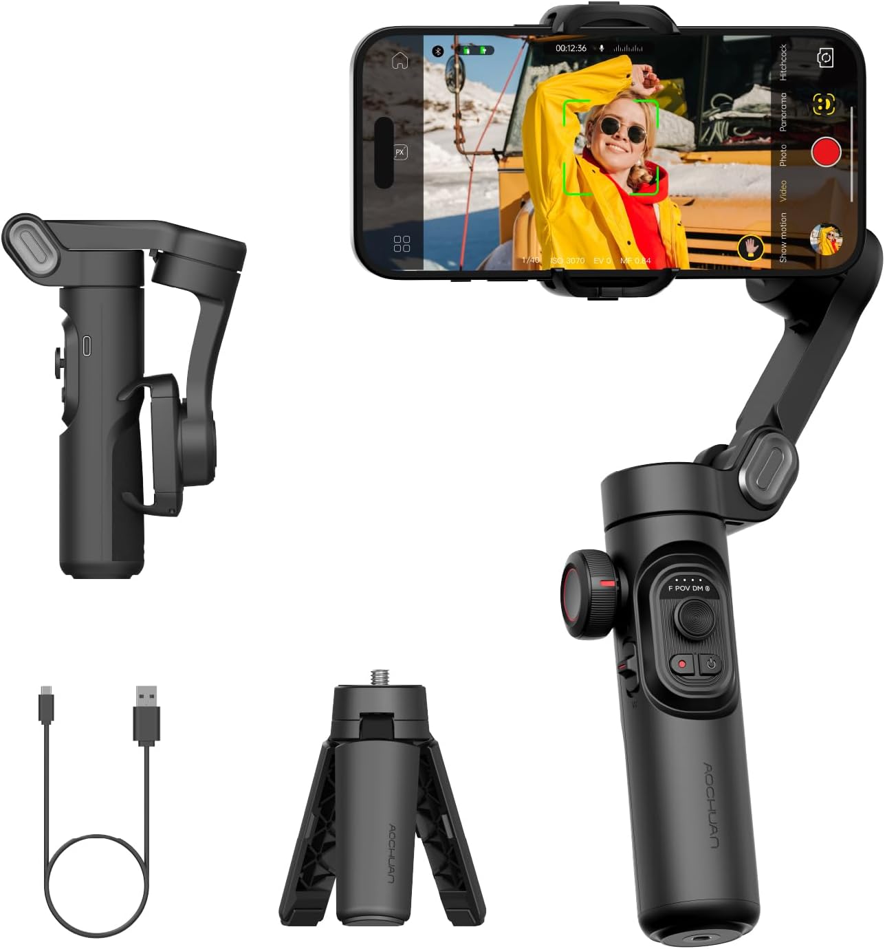 AOCHUAN Gimbal Stabilizer for Smartphone, iPhone Gimbal w/Focus Wheel Face/Object Tracking for iPhone 16 15 Pro Max/Android Foldable 3-Axis Handheld Phone Stabilizer for Video Recording -Smart XE