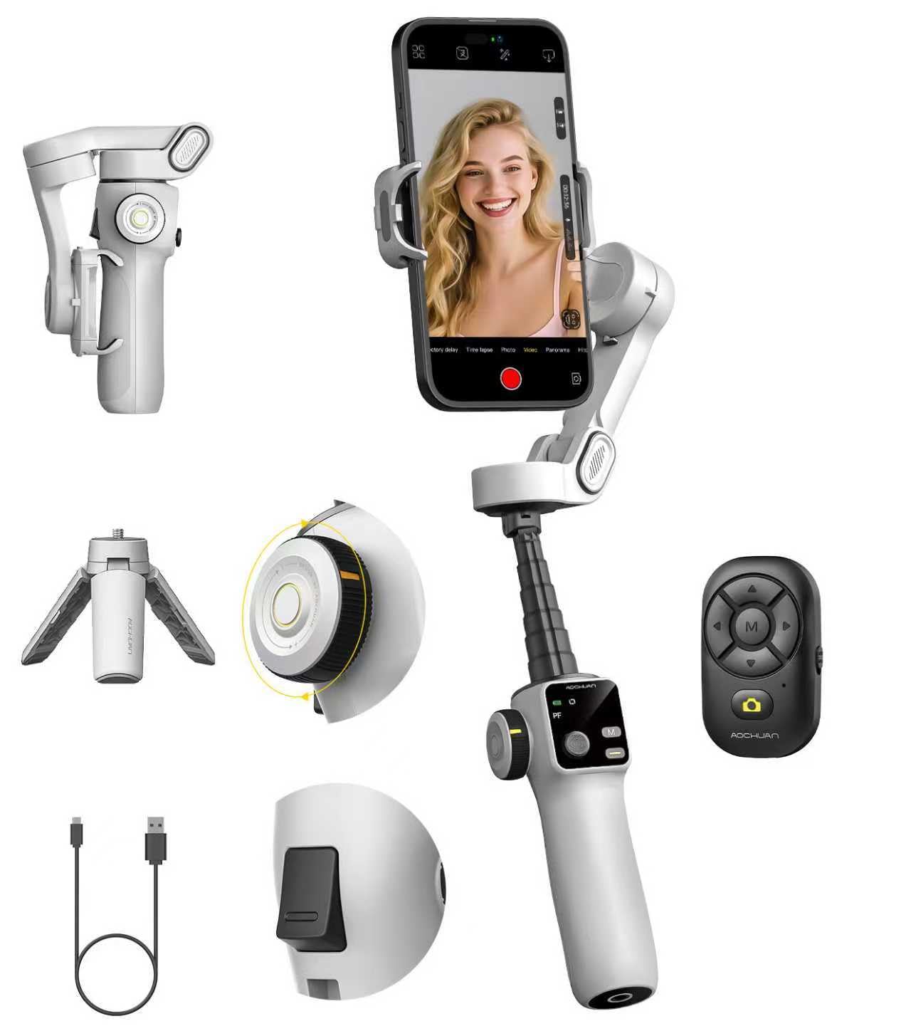 AOCHUAN Gimbal Stabilizer for iPhone w/Bluetooth Remote, 3-axis Phone Stabilizer w/7.8” Extension Rod, AI Face Tracking Smartphone Gimbal, Gesture Control for Video Shooting - Smart V8 Kit Black