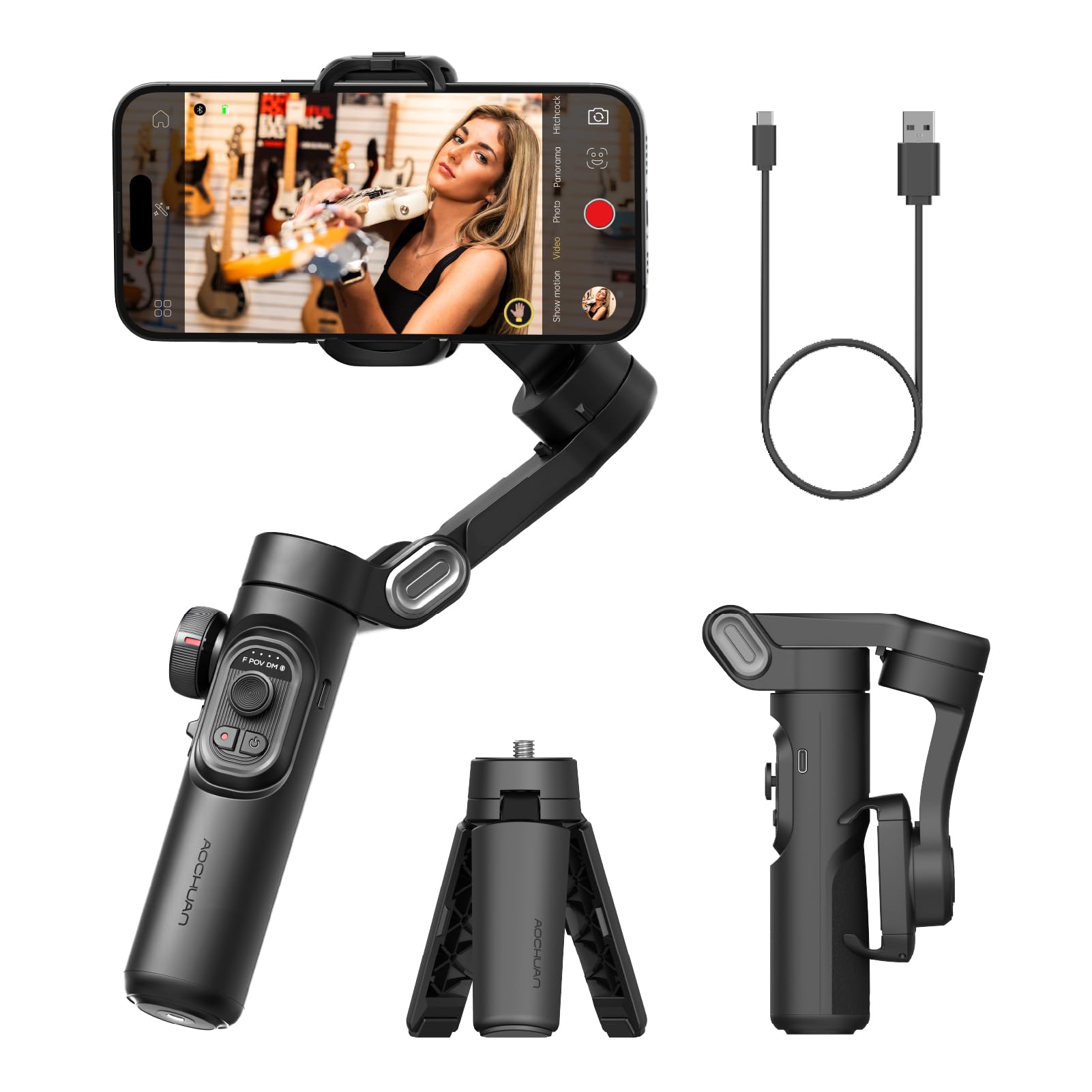 AOCHUAN XE AI Version,Gimbal Stabilizer for Smartphone,NO APP AI Tracking, Gesture Control,360°Inception Gimbal with TikTok YouTube,3-Axis Foldable Handheld Tripod for iPhone& Android,Black