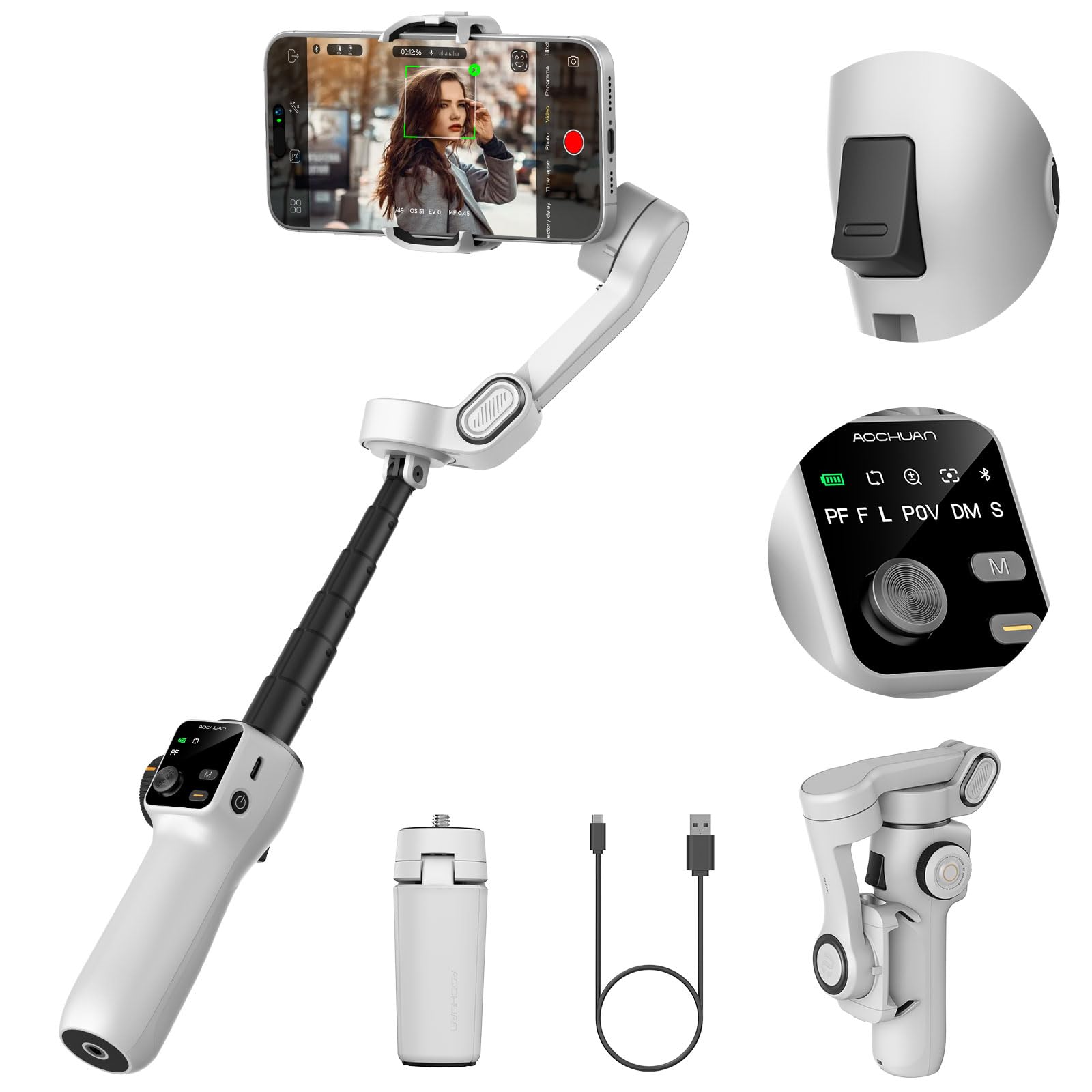 AOCHUAN 3-axis Gimbal Stabilizer for iPhone w/Built-in 7.8' Extension Rod, Smartphone Gimbal w/AI Tracking, Portable Phone Holder for iPhone & Android w/Full-Screen OLED Display, Smart V8(Black)
