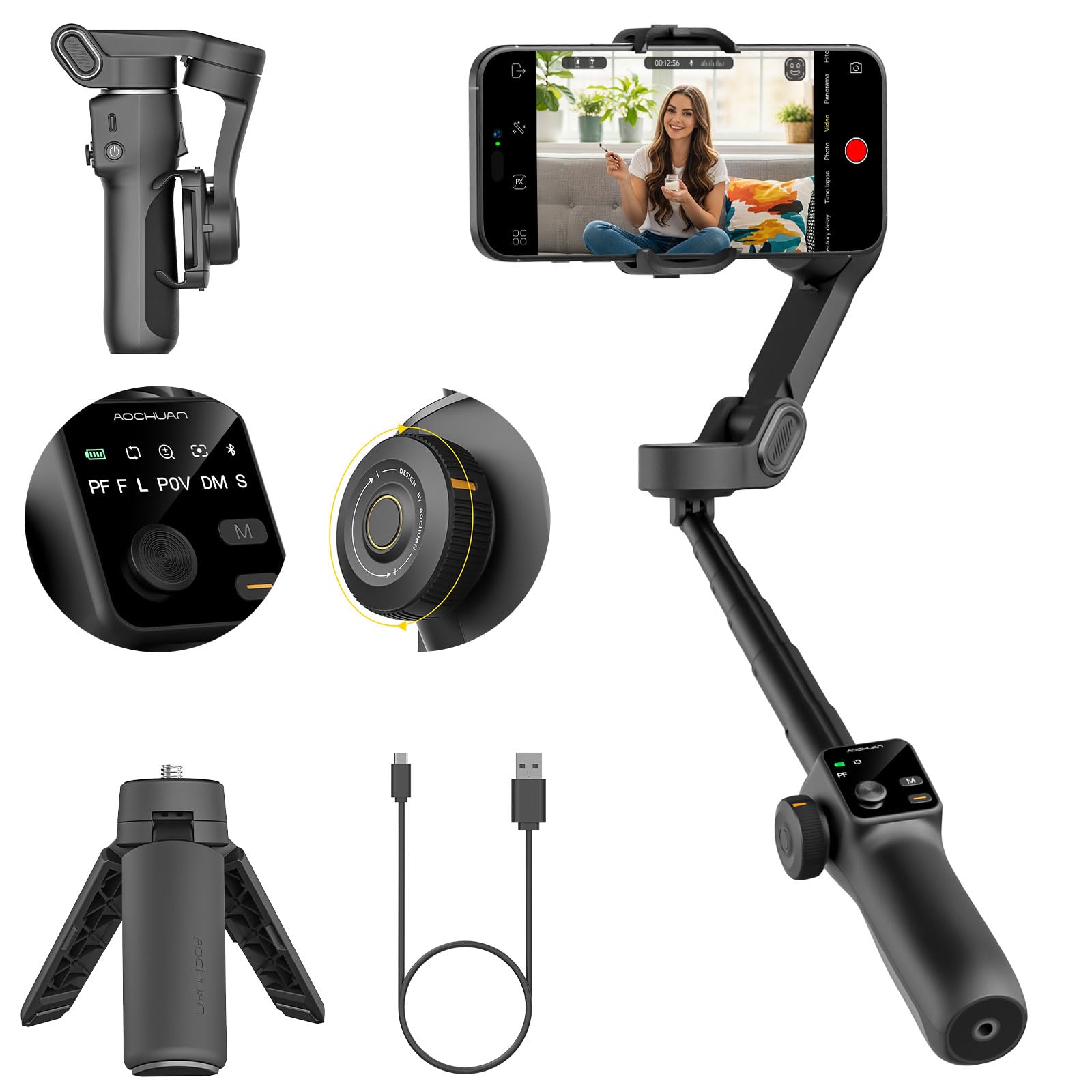AOCHUAN Gimbal Stabilizer for iPhone w/Bluetooth Remote, 3-axis Phone Stabilizer w/7.8” Extension Rod, AI Face Tracking Smartphone Gimbal, Gesture Control for Video Shooting - Smart V8 Kit Black