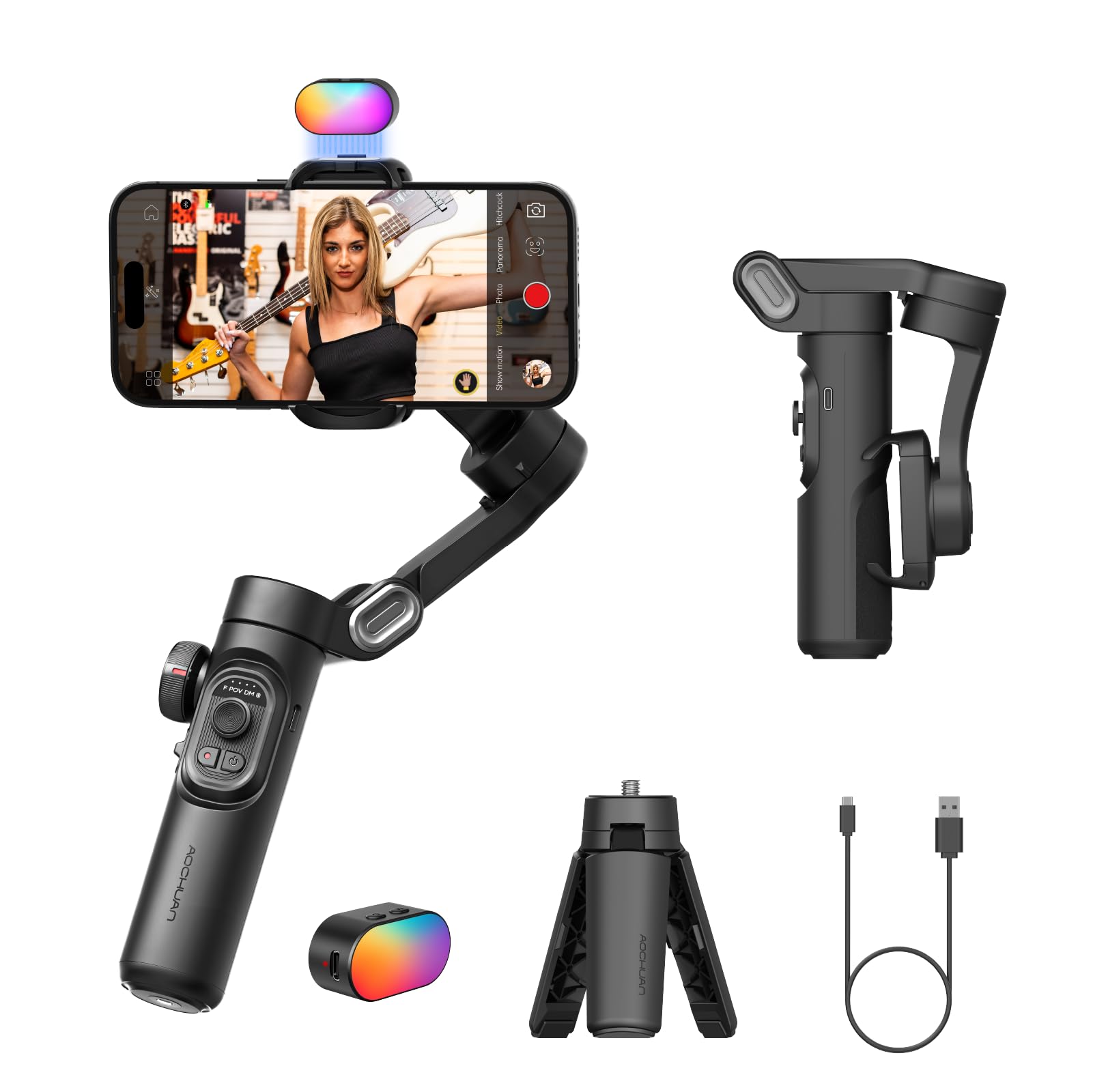 AOCHUAN Phone Gimbal Stabilizer 3-Axis Smartphone Foldable Handheld Gimbal for iPhone with Focus Wheel TikTok YouTube Vlog Stabilizer for iPhone16 15 14 13 12 Pro Max Android-Smart XE