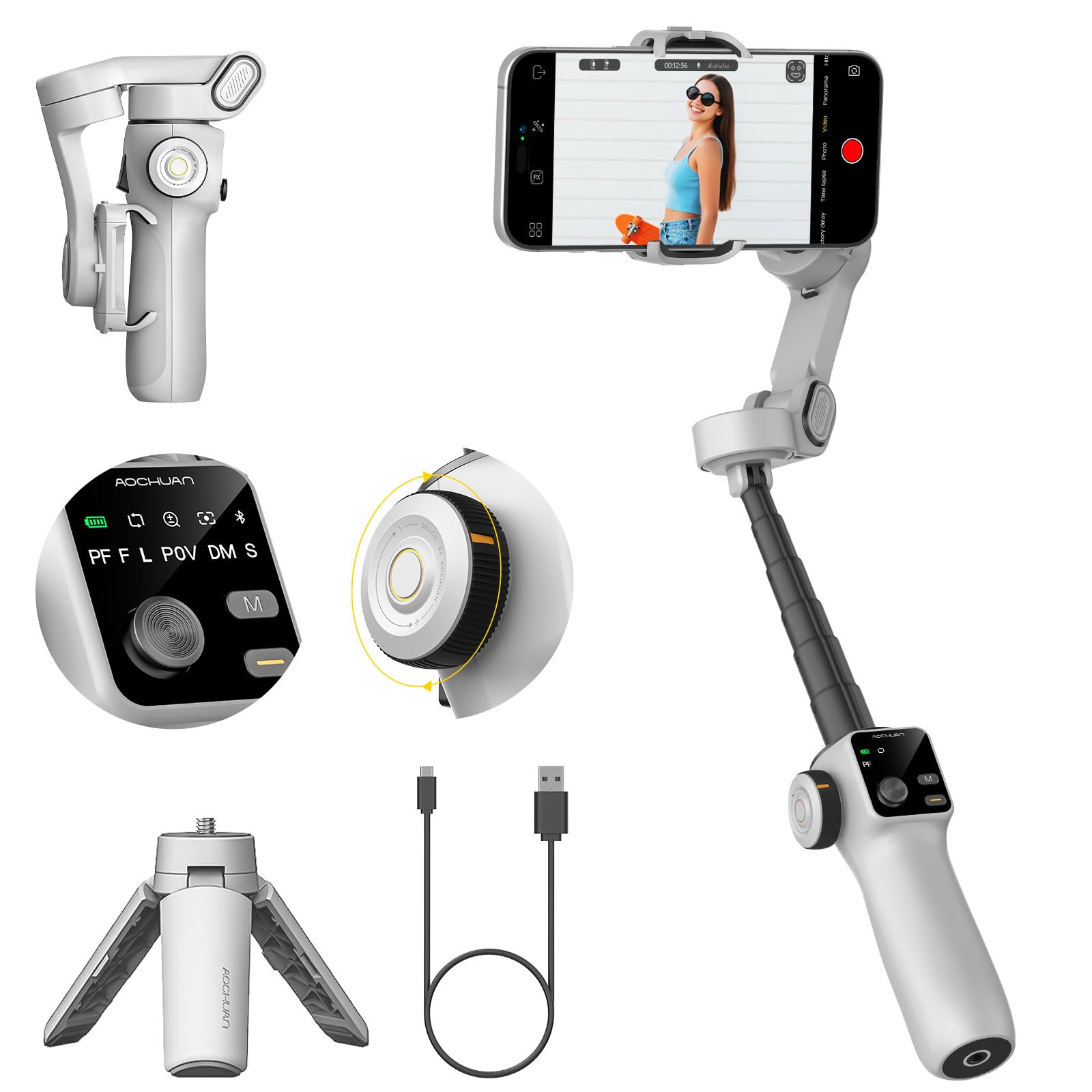 AOCHUAN Gimbal Stabilizer for iPhone w/Bluetooth Remote, 3-axis Phone Stabilizer w/7.8” Extension Rod, AI Face Tracking Smartphone Gimbal, Gesture Control for Video Shooting - Smart V8 Kit Black