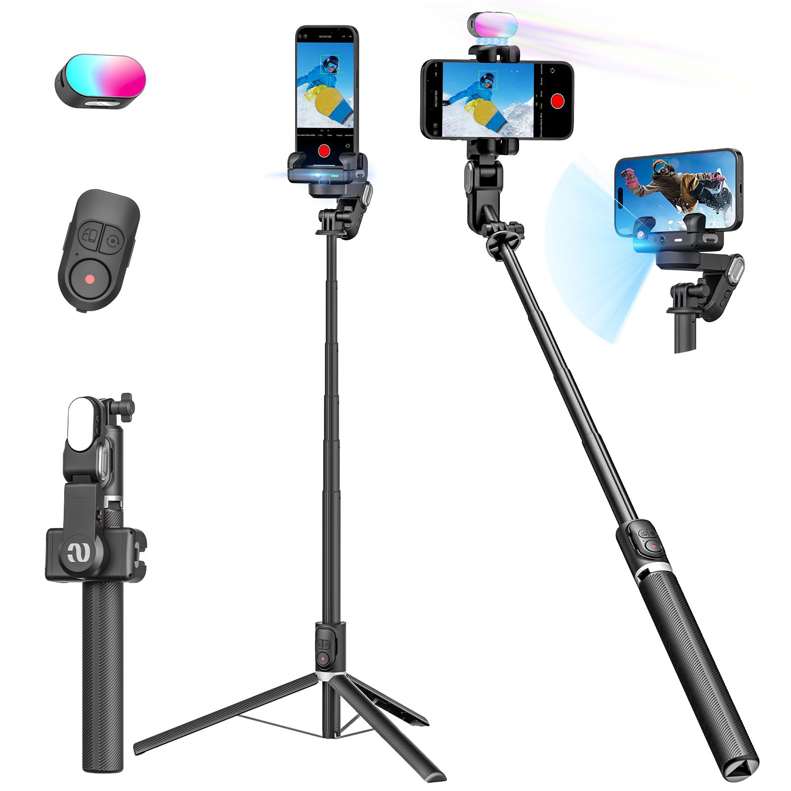 AOCHUAN Smartphone Gimbal Stabilizer, Smart Face Tracking Tripod Without APP - 4 in 1 Cellphone Gimbal Stabilizer for iPhone&Android Extended 108cm Rod with RGB Fill Light,M2PRO White