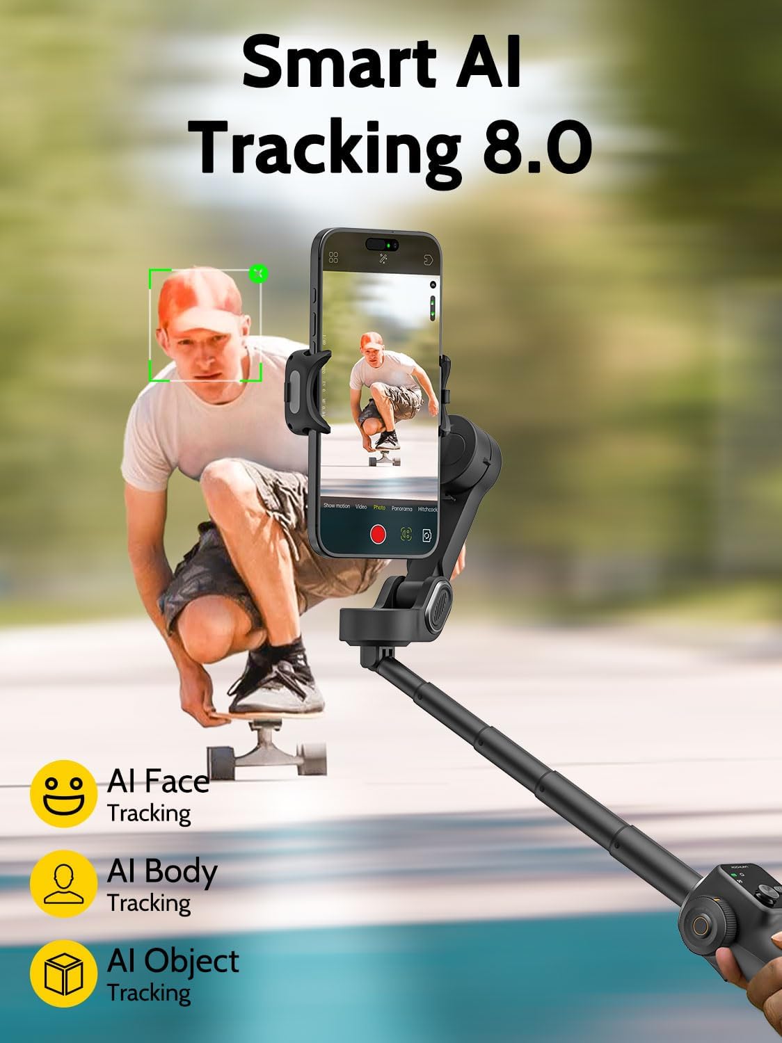 AOCHUAN 3-axis Gimbal Stabilizer for iPhone w/Built-in 7.8' Extension Rod, Smartphone Gimbal w/AI Tracking, Portable Phone Holder for iPhone & Android w/Full-Screen OLED Display, Smart V8(Black)