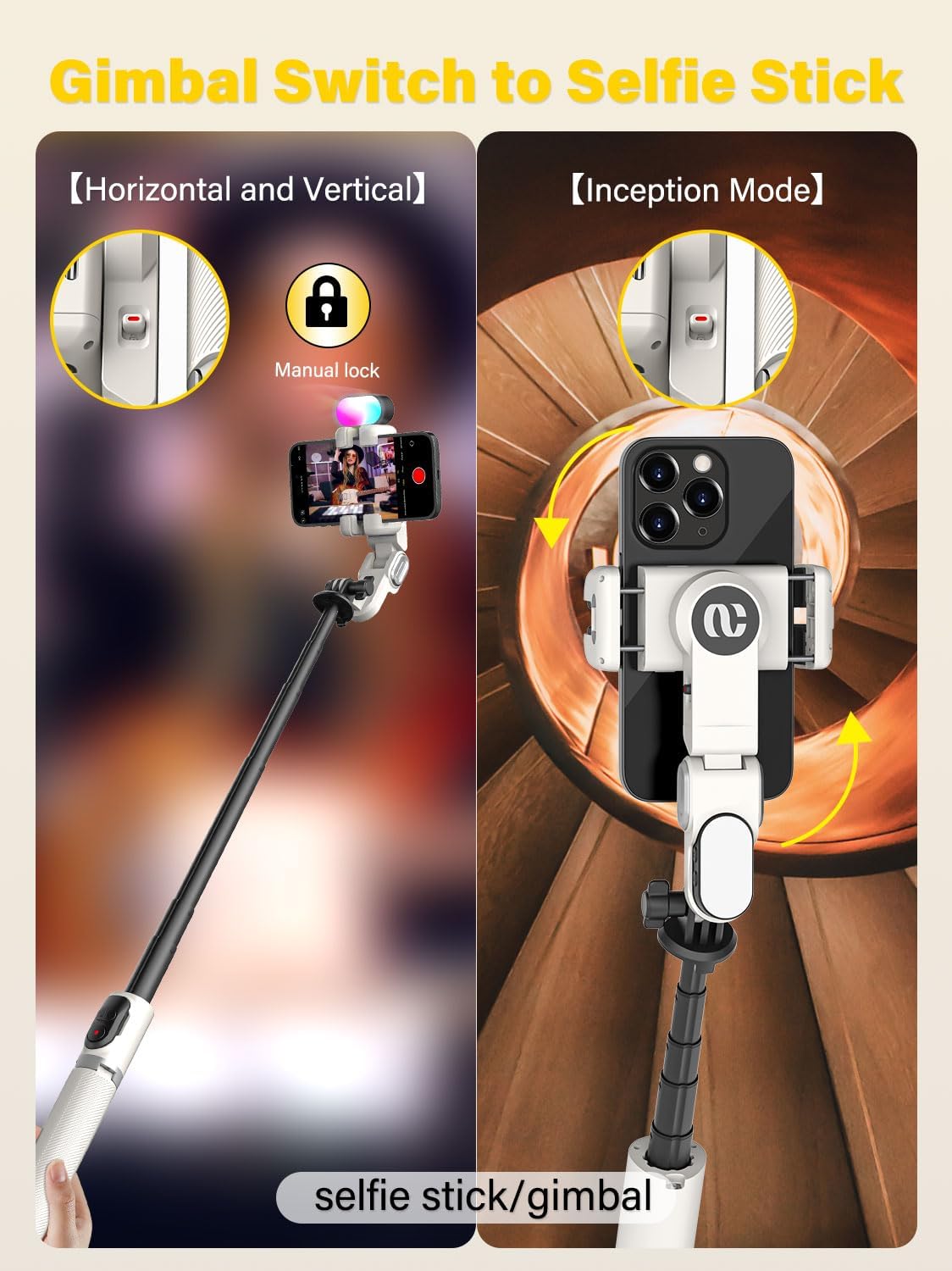 AOCHUAN Smartphone Gimbal Stabilizer, Smart Face Tracking Tripod Without APP - 4 in 1 Cellphone Gimbal Stabilizer for iPhone&Android Extended 108cm Rod with RGB Fill Light,M2PRO White