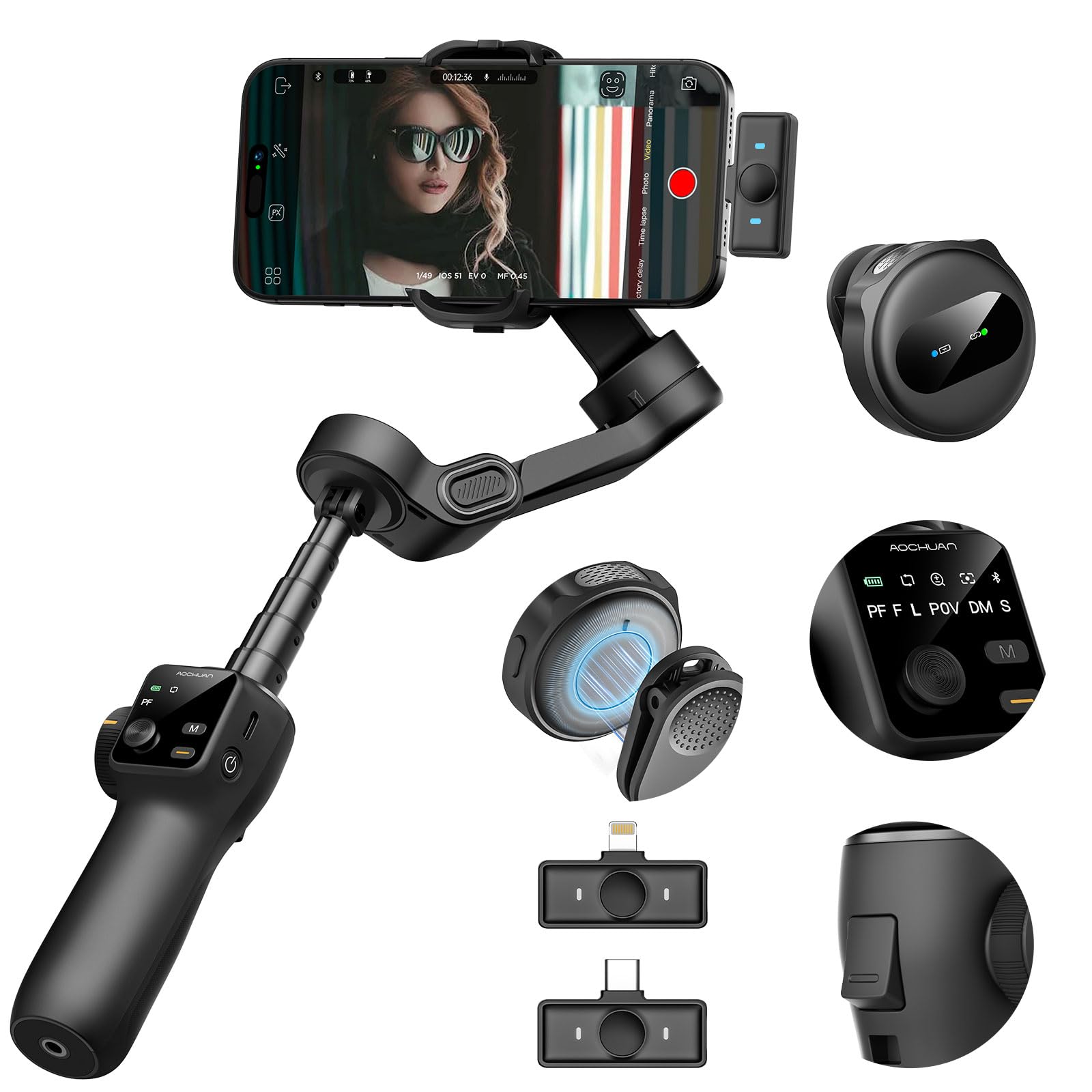 AOCHUAN 3-axis Gimbal Stabilizer for iPhone w/Built-in 7.8' Extension Rod, Smartphone Gimbal w/AI Tracking, Portable Phone Holder for iPhone & Android w/Full-Screen OLED Display, Smart V8(Black)