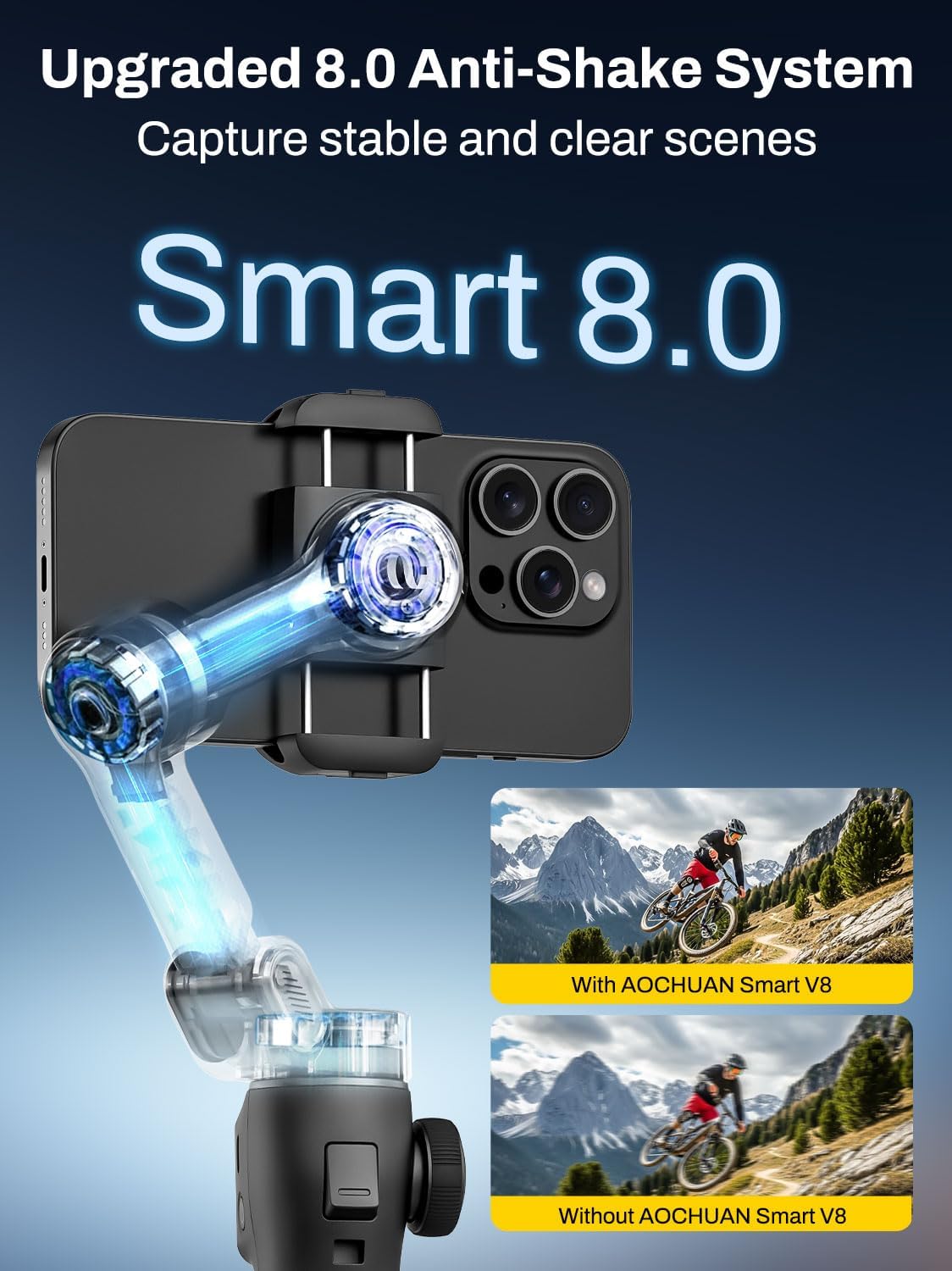 AOCHUAN Gimbal Stabilizer for iPhone w/Bluetooth Remote, 3-axis Phone Stabilizer w/7.8” Extension Rod, AI Face Tracking Smartphone Gimbal, Gesture Control for Video Shooting - Smart V8 Kit Black