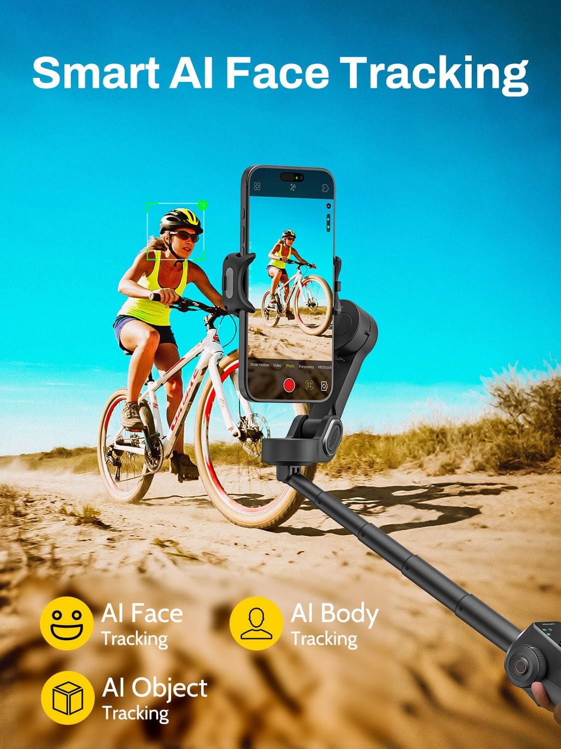 AOCHUAN Gimbal Stabilizer for iPhone w/Bluetooth Remote, 3-axis Phone Stabilizer w/7.8” Extension Rod, AI Face Tracking Smartphone Gimbal, Gesture Control for Video Shooting - Smart V8 Kit Black