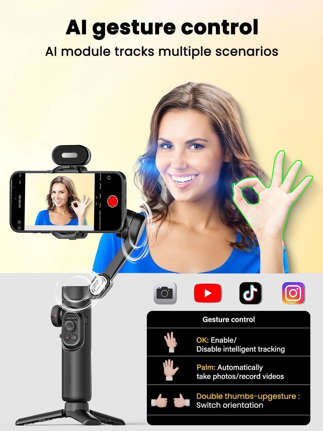 AOCHUAN XE AI Version,Gimbal Stabilizer for Smartphone,NO APP AI Tracking, Gesture Control,360°Inception Gimbal with TikTok YouTube,3-Axis Foldable Handheld Tripod for iPhone& Android,Black
