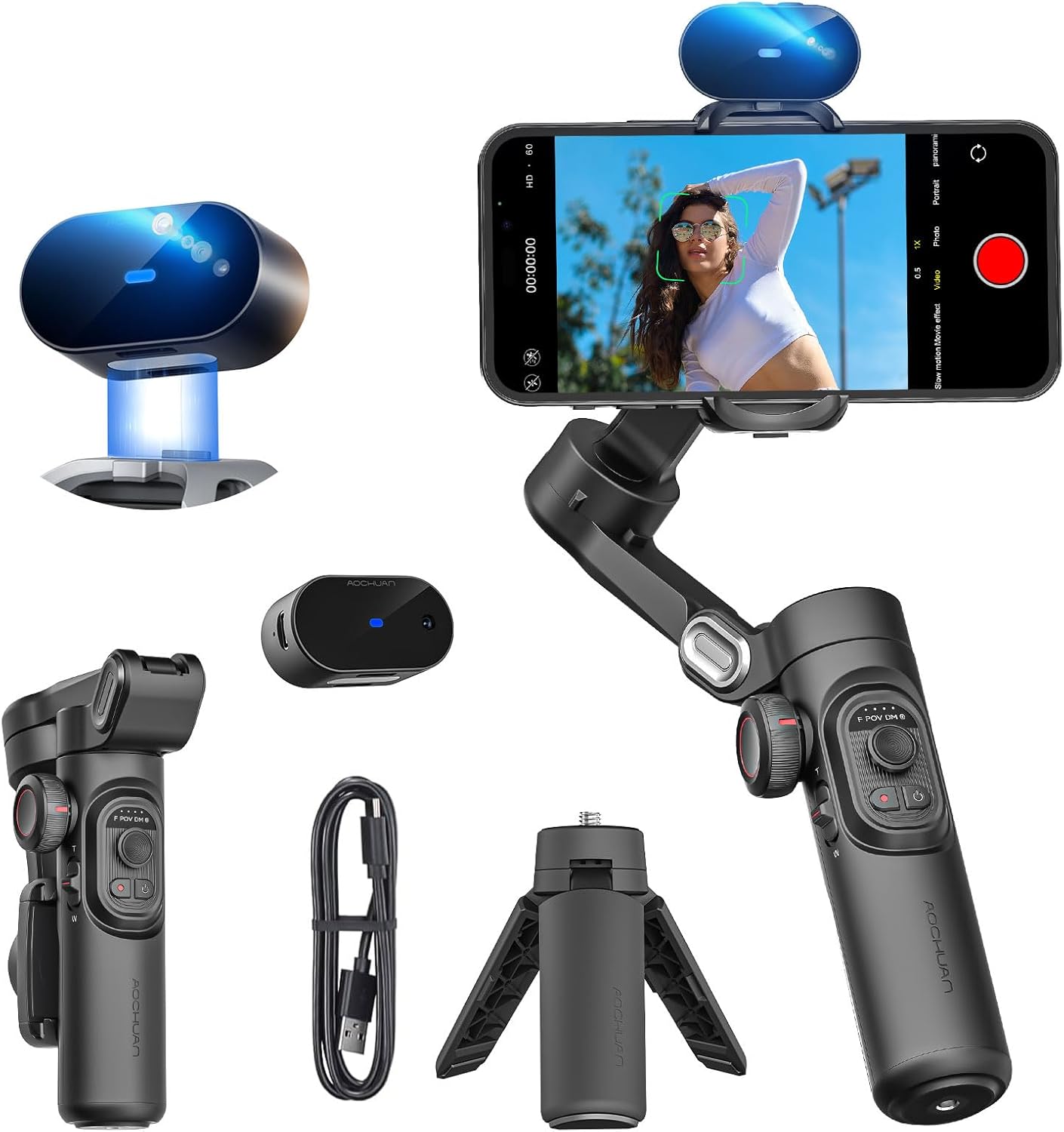 AOCHUAN XE AI Version,Gimbal Stabilizer for Smartphone,NO APP AI Tracking, Gesture Control,360°Inception Gimbal with TikTok YouTube,3-Axis Foldable Handheld Tripod for iPhone& Android,Black