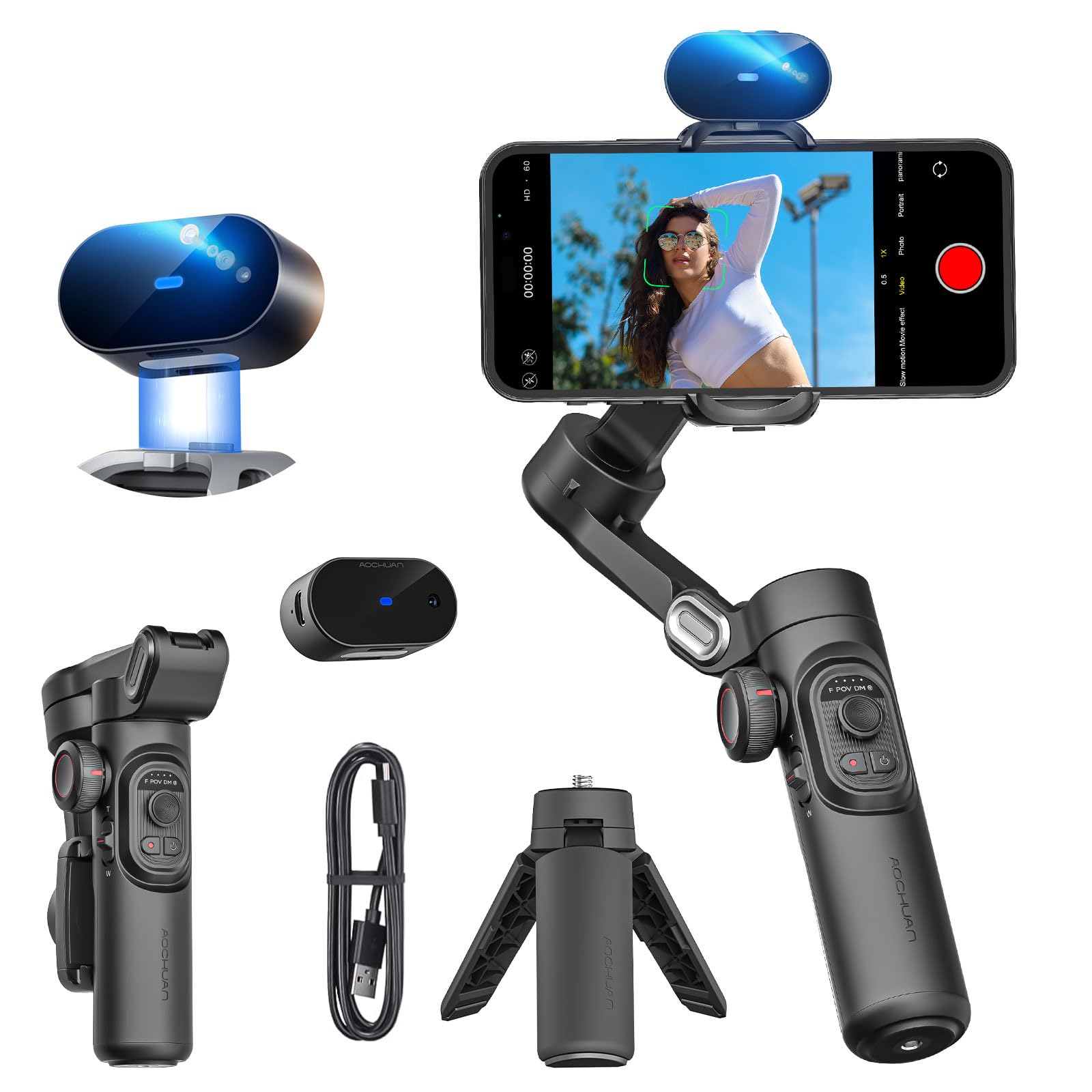 AOCHUAN Phone Gimbal Stabilizer 3-Axis Smartphone Foldable Handheld Gimbal for iPhone with Focus Wheel TikTok YouTube Vlog Stabilizer for iPhone16 15 14 13 12 Pro Max Android-Smart XE